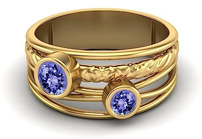 0,35 Ctw-Runde Tansanit Ring mit geteiltem Schaft Gehämmert Handgefertigt Geteiltes Band 925er Sterling Silber Doppelsteinring Gold Vermeil, 53