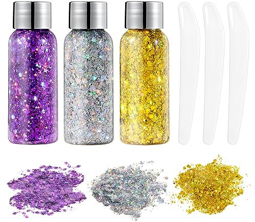 URAQT Body Glitter Gel, 3Pcs Holographic Mermaid Sequins Chunky Cosmetic Face Gel, Sparkling Festival Party Lotion for Face, Eye, Hair, Nail Makeup and DIY Art