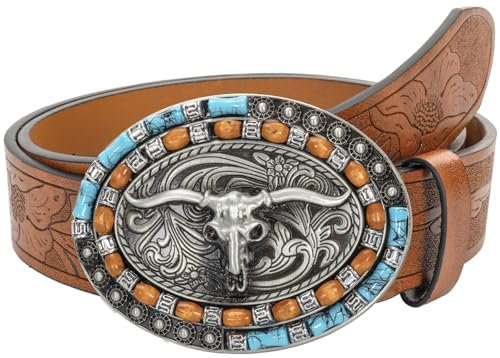 HilyBony Western-PU-Ledergürtel für Damen und Herren, Cowboy-Cowgirl, Longhorn-Bull-Muster, gravierte Schnalle, Gürtel für Unisex, Bulle, for 33-36 waist