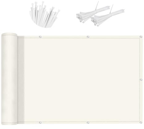 SUNNY GUARD Benutzerdefinierte Balkon Sichtschutz 80x900cm Balkonverkleidung Balkonabdeckung Balkonumspannungen UV-Schutz Wind und Wetterfest mit Kabelbinder,Creme