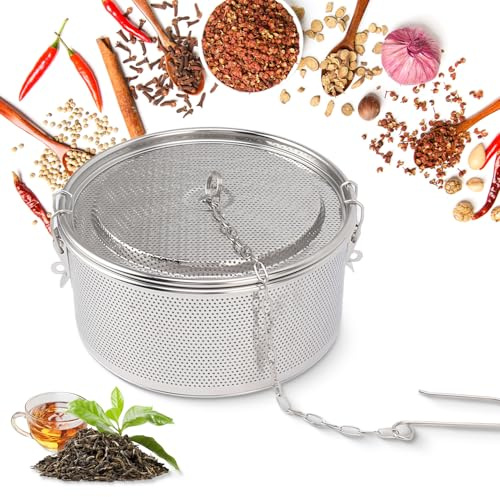 Tissting Gewürzsieb Teesieb 20cm Edelstahl Gewürzfilter zum Mitkochen | 2,7L Kräutersieb zum Kochen mit Verlängertem Kettenhaken, Extra Feinmaschiges Gewürzkugel Teeei für Losem Tee Küchen Koch