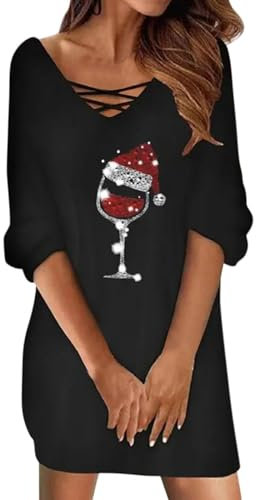 Pursuit-W Weihnachtskleid Damen Weihnachten Rot Weinglas Druck Weihnachtskleider Minikleid Sexy Mesh Partykleid Rundhals Kleid Langarm Kleider Herbst Winter Christmas Festkleid Pullover (03-Black, S)