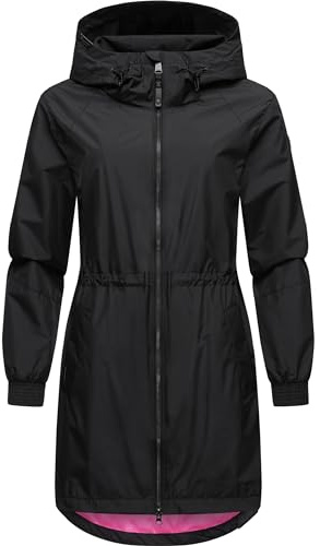 Ragwear Damen Übergangsjacke leichte Jacke lang wasserdicht mit Kapuze und Mesh-Innenfutter Bronja II Black Gr. S