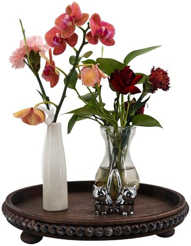 FramePro Wooden Round Serving Tray, 12 inch Rustic Brown Serving Platter with Raised Edge for Living Room Candle Holder, Coffee Table, Kitchen Food Decorative or Farmhouse