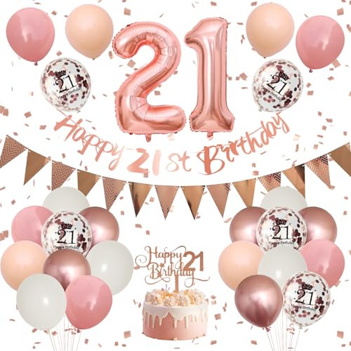 21th Birthday Decorations Retro Pink Rose Gold, Happy Birthday Banner With Cake Toppers, Number 21 Balloons, Confetti for Girls Women Party