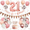 21th Birthday Decorations Retro Pink Rose Gold, Happy Birthday Banner With Cake Toppers, Number 21 Balloons, Confetti for Girls Women Party