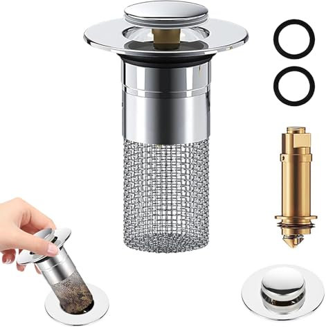 Euakee Tappo Lavandino Bagno con Filtro, 34-40mm Tappo Bidet Universale Pop up Facile da Installare Filtro Lavandino Tappo di Scarico con Filtro Anti Clogging per Vasca da Bagno, Cucina, Lavabo