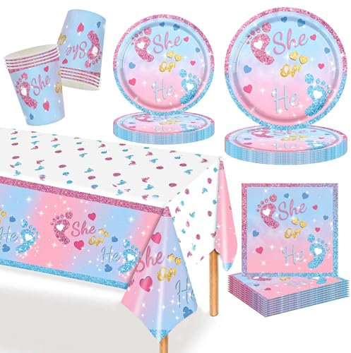 MORAINJAY Ensemble de Vaisselle de Fête Gender Reveal 69 Pièces, Baby Showerr Assiettes, Tasses, Serviettes, Girl Or Boy Fête de Révélation de Genre Décoration de Table