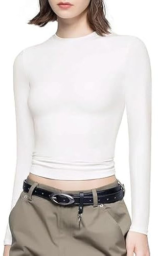 Women Crew Neck Long Sleeve Tops T Shirts Slim Fit Double Lined Crop Top Solid Color Basic Blouse Tee Tops (Pearl White