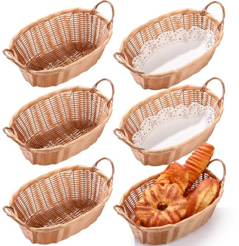 Tioncy Lot de 6 corbeilles à pain en osier avec poignées tissées à la main - Panier ovale en plastique avec doublures en papier - Paniers de service pour la maison, les restaurants, les pique-niques