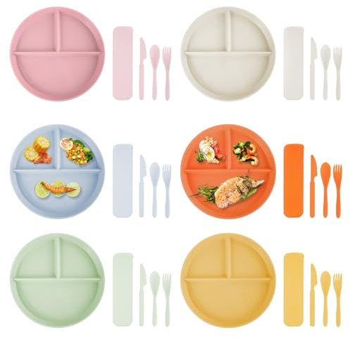 Mulaibdin 6 Pack Portion Control Plates for Adults, Kids Plates with Sections, Plastic Dinner Plate Reusable with Cutlery, Divided Diet Plate for Weight Loss,Bariatric,Diabetic, Microwave Safe