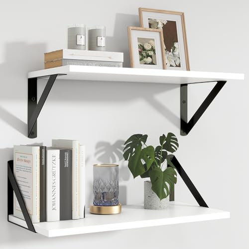 Feihorrm Schweberegal, Regal Wand 2er Set mit Metall Halterung, Tief 20 cm, Länge 40 cm Wandboard, Wandregal, Holz Bücherregal für Badezimmer, Wohnzimmer, Küche, Weiß, 40 x 20 cm