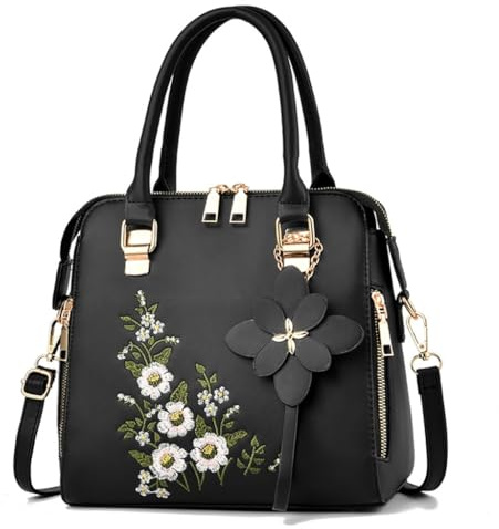 FUXIU Einzigartige, bestickte Handtasche aus PU-Kunststoff, zeigen Sie Ihren persönlichen Stil mit dieser modischen Umhängetasche, Schwarz