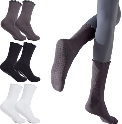 3 Paar Pilates Socken mit Griffen Anti-Rutsch-Kräuselung Yoga Socken Grip Socken für Ballett Tanz Barfuß (DE/NL/SE/PL, Alphanumerisch, Einheitsgröße, Regular, Regular, 3 Paare - Schwarz+Weiß+Grau)