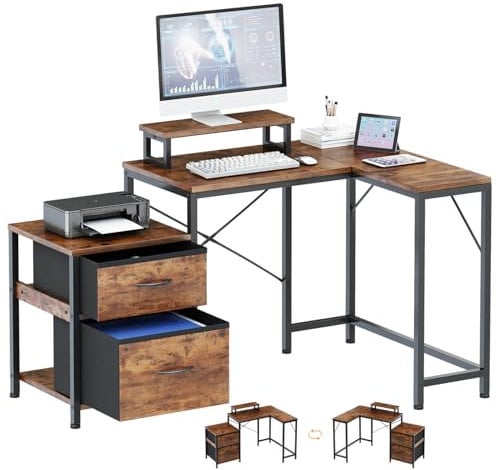 Dripex L Shaped Desk with Filing Drawer & Storage Drawer Compact Corner Desk with Monitor Stand Reversible Computer Desk for Home Office Bedroom Small Space