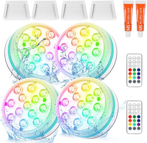 Vankarr Luces Piscina Sumergibles LED Desmontable 4 piezas Luces LED Piscina Sumergibles en Agua con Mando a Distancia Luz Piscina Impermeable IP68 para Jardín, Acuario