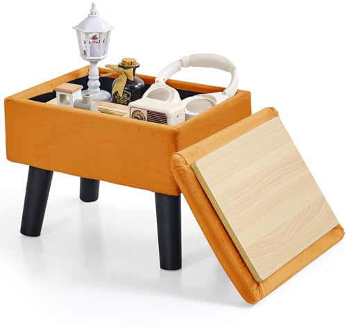 BRIAN & DANY Fußhocker Ottomane mit Stauraum, Samt Rechteck Aufbewahrung Ottomane, Fußhocker mit Beinen Sofa Fußstütze für Wohnzimmer Eingangsbereich Büro, Orange