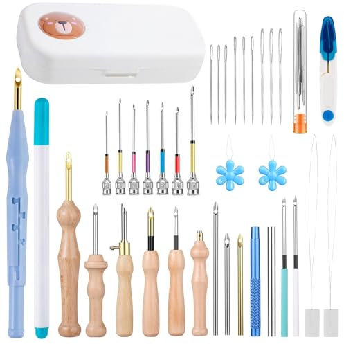 MSDADA 36 Stück Stickerei Starter Kit Punch Needle Kit Einstellbare Stanznadel Werkzeug Holzgriff Stickstift Stanznadel Set Nadelfädler für Stickgarn Kreuzstich Anfänger