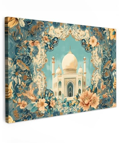 MuchoWow© Leinwand Bilder Groß 120x80 cm XXL Wanddeko Wohnzimmer Islamische Room Decor Deko Zimmer Islam Wandbilder Modern Bild auf Leinwand Wandbilder Taj Mahal - Ramadan - Blumen