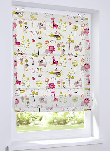 Buntes Ösenrollo Safari, Kinderraffrollo mit Tiermotiv, lichtfilternd und Blickdicht in der Größe 60 x 130 cm