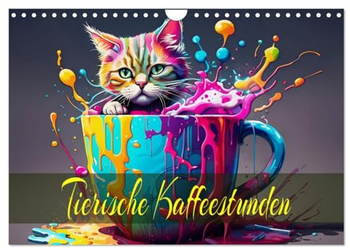 Tierische Kaffeestunden (Wandkalender 2026 DIN A4 quer), CALVENDO Monatskalender: Farbenfrohe Tiere und Tassen im Einklang. (CALVENDO Spass)