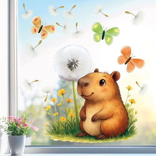 Fensterbild Fensteraufkleber Capybara Pusteblume Fensterdeko | Fensterdeko Glasdeko für Fenster Glasflächen Kinderzimmer Wohnzimmer Küche Bad statisch haftend wiederverwendbar Saison Deko