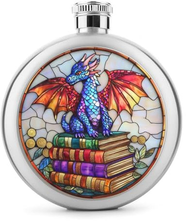 Glasmalerei-Flachmann mit Drachen auf Büchern, Edelstahl, für Likör, runde Tasche, tragbare Weinflasche für Getränke, 142 ml