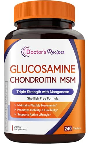 Doctor's Recipes Glucosamine Chondroitin MSM and Manganese Supplement, 1800 mg Glucosamine HCl, NO Shellfish, Healthy Structure & Movements, Flexibility Support for Men & Women, 240 Tablets