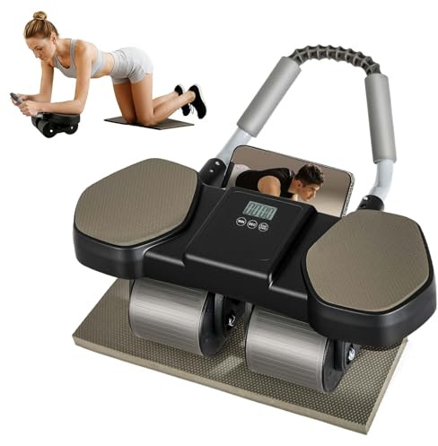 Centra Ab Roller Exercise Wheel with Elbow Support, 4-Wheel Automatic Rebound Abdominal Trainer with Digital Timer & Counter, Core Workout Equipment for Home Gym with Phone Holder
