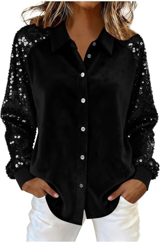 Damen Pailletten Bluse Elegant Button Down Glitzer Langarmshirt Sexy V-Ausschnitt Langärm Pailletten Oberteil mit Knöpfen Bluse Tunika Party Tops Festliches Hemdbluse Große Größen Party Cocktail