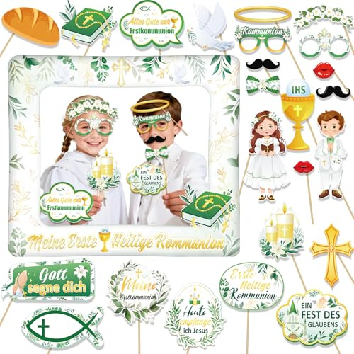 DPKOW Kommunion Foto Requisiten Rahmen Fotobox Accessoires für Jungen Mädchen Kommunion Aufblasbarer Fotorahmen Erstkommunion Fotobox Zubehör Party Gadget, 26 STK