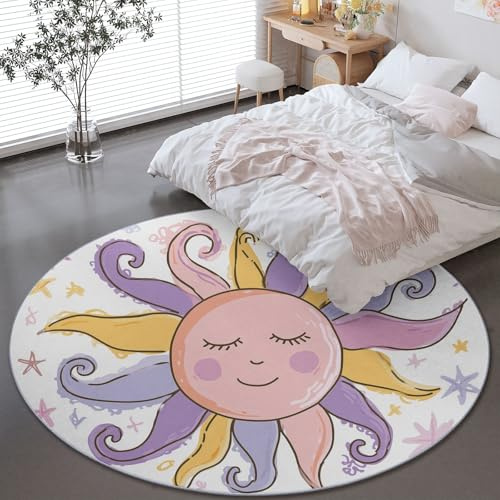 Générique Tapis Rond pour Salon 100 cm - Dessin Animé Pastel Soleil Antidérapant Doux Tapis Rond à Poils Courts Lavable en Machine, Rose pour Chambre à Coucher Chambre d'enfant Interieur