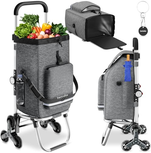 tectake® 3-in-1 Einkaufstrolley Treppensteiger, nutzbar als Umhängetasche, Sackkarre, Rollwagen klappbar, 50 L Kapazität, 30 kg belastbar, Shopper, Trolley, mit Kühltasche, Reflektorstreifen - grau