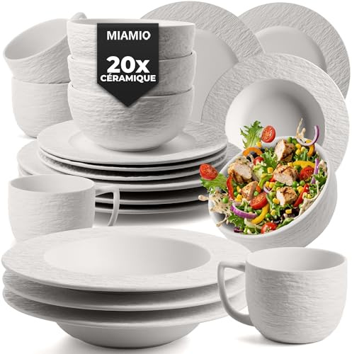 MIAMIO - Geschirrset/Tafelservice für 4 (20-teilig) - Oasis (Schwarz) | Modernes Tafelservice Steingut / große, kleine & tiefe Teller, Schüsseln & Tassen, Keramik Geschirr Set - spülmaschinenfest