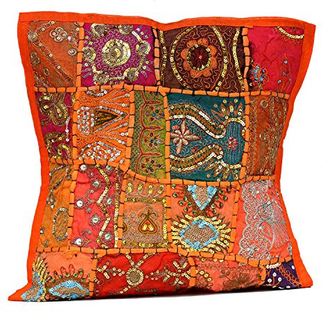 Sophia Art Kissenbezug mit indischem Ethno-Stickerei, Pailletten, Patchwork, Bodenkissen, Überwurf, Kissenbezug, Orange