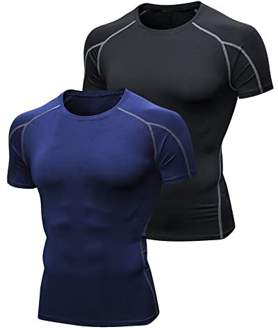 Niksa 2 Pack Short Sleeve Sports T-Shirts Mens,Compression Clothing Running Shirts Base Layers Top,Fitness Athletic Training Workout Gym Clothes for Men (L, Black Gray&Navy Blue)