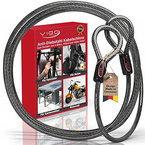 VIGO SPORTS® Panzer E Scooter Schloss [2m] I 10mm starkes Kabelschloss zum Schutz deines E-Roller, E-Bike, Fahrrad oder Gartenmöbel vor Spontan Diebstahl I Witterungsbeständig und Langlebig (1Stk)