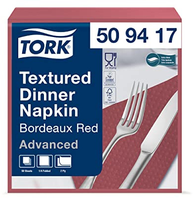 Tork 509417 Textured Dinnerserviette Bordeauxrot/Extra weiche Papierserviette in Advanced Qualität / 18 x 50 (900) Servietten / 39 x 38 cm (B x L) / 1/4-Falz, 39.5 x 39 cm