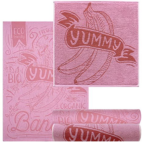 Lashuma Hochwertiges Geschirrhandtuch Set Pink, 2X waschbare Küchtücher – 2X Frotteetücher, Design. Banane