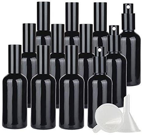 ZEOABSY 24 Stück 100ml Glänz Schwarz Glas Sprühflaschen & 2 Stück Trichter, 100 ml Leer Glas Nachfüllbar Zerstäuber Sprayflasche Reisen Heim Parfumzerstäuber