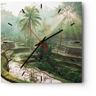 Modern Wanduhr Terrassen Reis Palmen 30x30cm Quadrat Klein Wand Uhr Glas Analog Zimmeruhren Küche Büro Wohnzimmer Glasuhr Wall Clock Dekoration Design Wanddekoration Küchenuhr C3AC30x30-4665