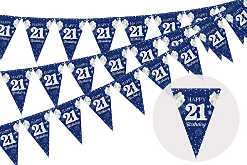Cheereveal 3 Pack 21st Happy Birthday Bunting Banner, 36 Pieces Triangle Flag Navy Blue and Silver, Happy 21st Birthday Pennant Banner Anniversary Party Decorations Supplies for Boys Girls Men Women