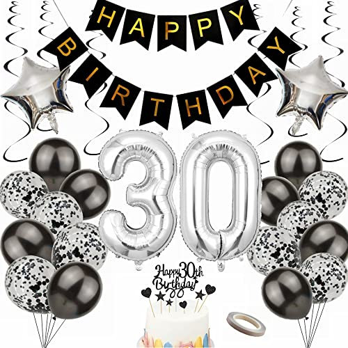 Yunchu Online Luftballon 30. Geburtstag Dekoration 30 Jahr Männer Frauen Black and Silber Party Deko 30. Geburtstag Männer Party Deko 30 Geburtstag Männer Deko Geschenk 30 jahre Geburtstag deko Ballon