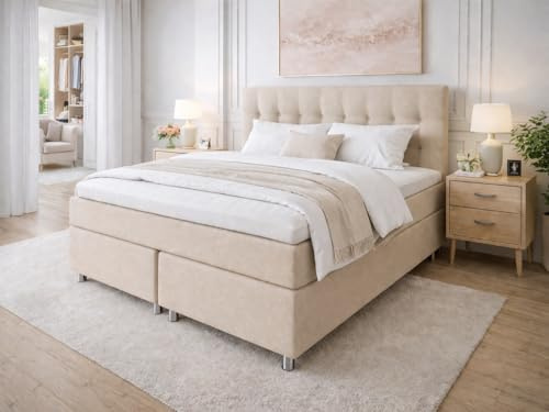 Tesla Dreams Boxspringbett 200x200 Ronda, 7 Zonen Taschenfederkern-Matratze H2/H3, 5 Jahre Garantie, Topper MemoLUX-12 cm, Unterbau Taschenfederkern, Montage verfügbar, Beige