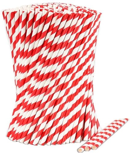 Lot de 1000 pailles en papier jetables - Rayures rouges et blanches - 100 % biodégradables - 19,7 cm x 0,6 cm