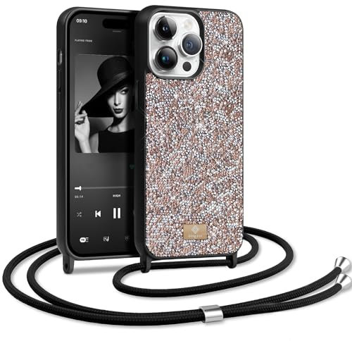BEZ Handyhülle für iPhone 14 Pro Max Hülle mit Band, Hülle für iPhone 14 Pro Max Glitzer, Sparkle Diamond Crystal Bling Hülle mit Bling & Co. Serie Kompatibel für iPhone 14 Pro Max, Toskanisches Beige
