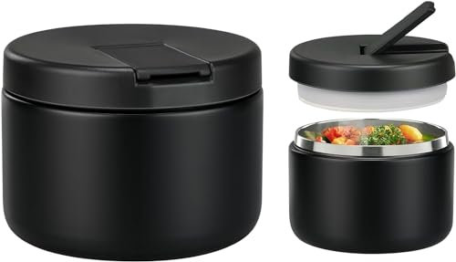 Itslife Boîtes Alimentaires Isothermes, 350ml Boîte Isotherme Repas Chaud, Thermoisolant Boîte avec couvre boucle, Porte Aliments en Acier Inoxydable à Double Couche pour Ecole,Bureau, Noir