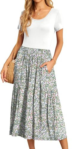 GRECERELLE Womens Summer Maxi Dress Casual Short Sleeve Crew Neck Swing Flowy Tiered Party Dresses with Pockets for Weddings, Holidays (White + Lily Green, L)