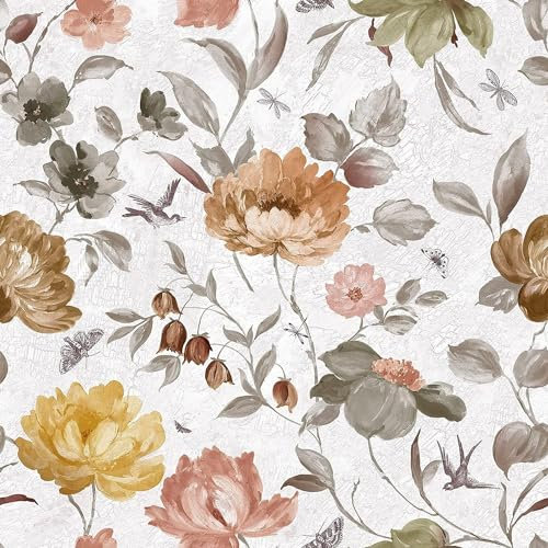 PAAHRYI Papel pintado autoadhesivo vintage floral flores y pájaros, papel pintado de tinta con flores, papel pintado gris para armarios, salón, dormitorio, cocina (40 x 300 cm)