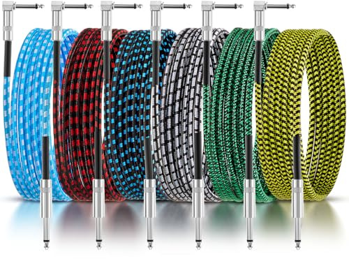 Dunkive Lot de 6 câbles d'instrument de guitare de 3 m en cuivre pour basse et guitare électrique, clavier, microphone effecteur (multicolore)